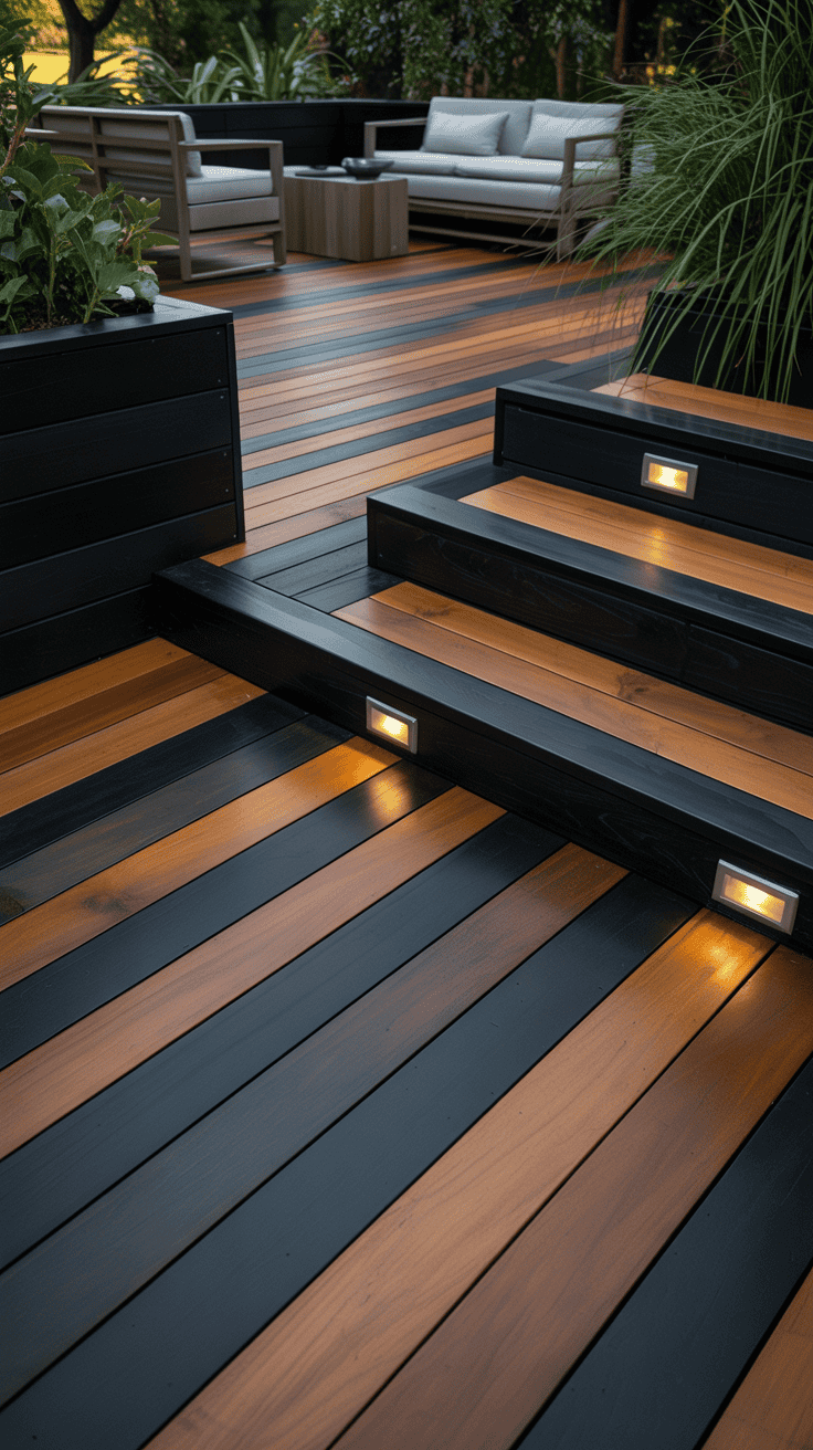 Two tone deck stained in charcoal gray and natural cedar creating a sophisticated contemporary outdoor space