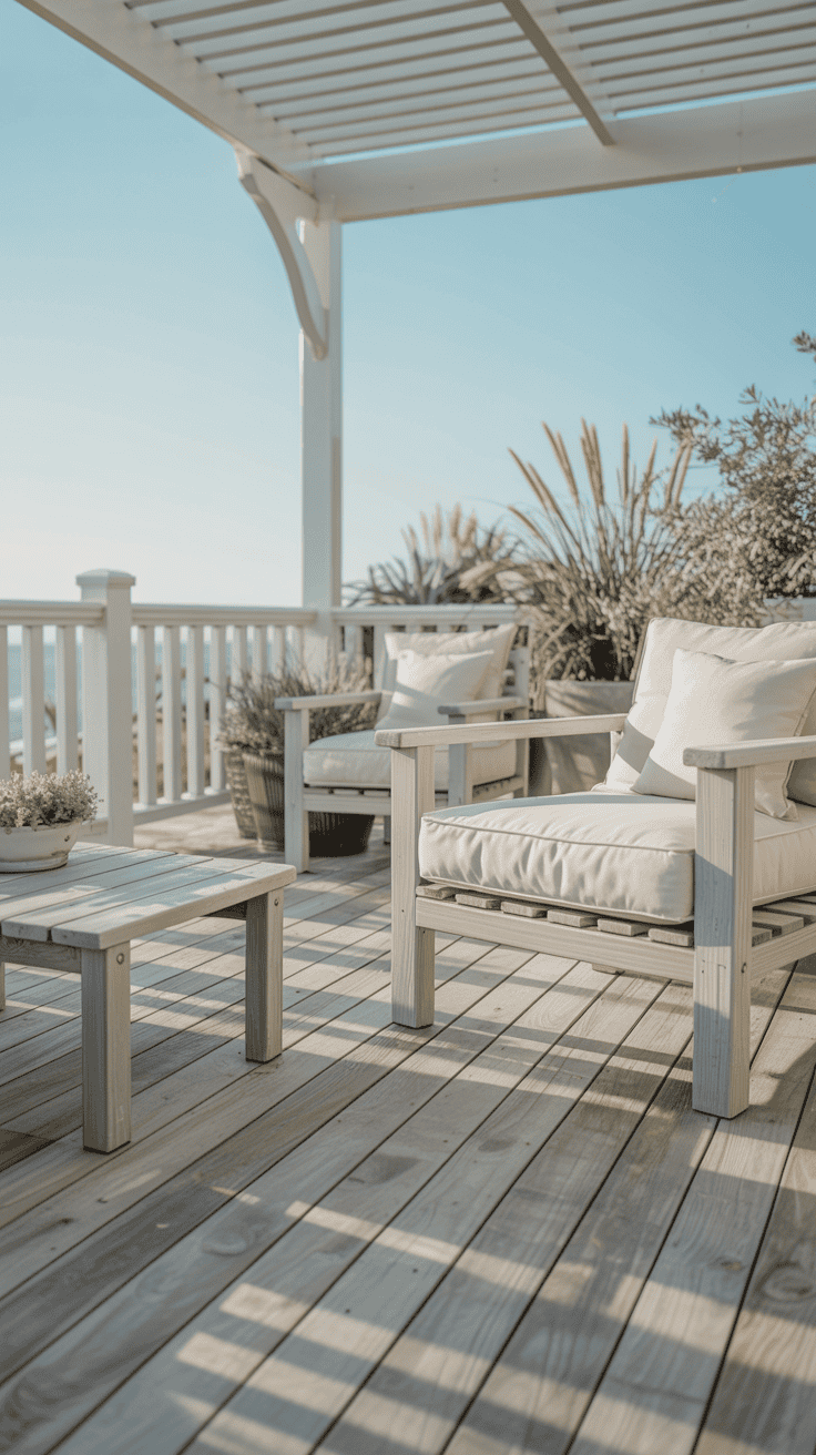 Driftwood gray deck with white accents creating a bright coastal inspired outdoor living space