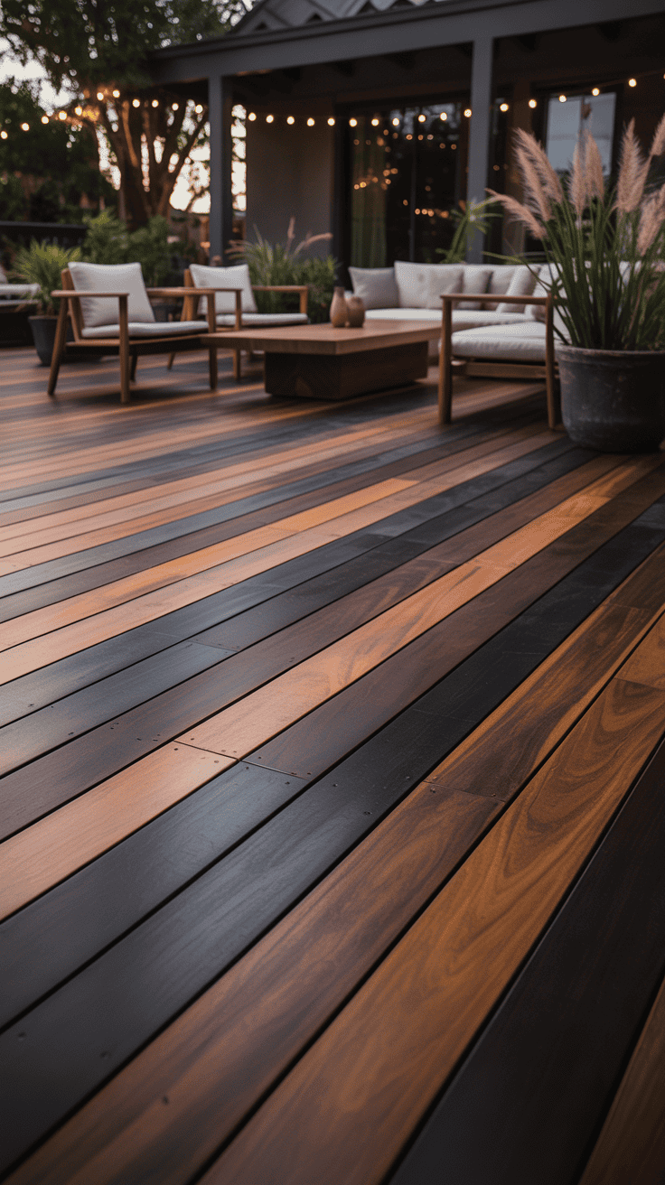 Two tone deck stained in espresso brown and warm walnut with elegant sophisticated styling