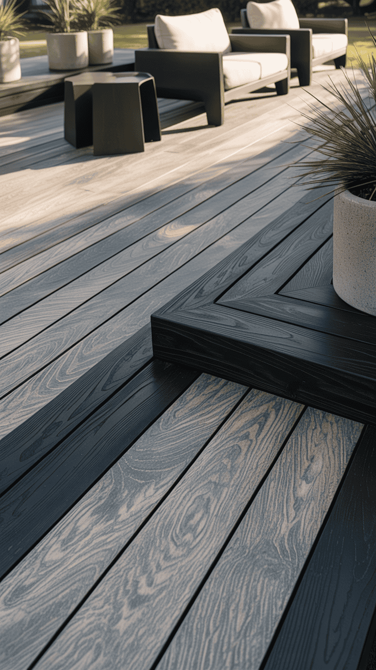 Weathered gray deck with black stained accents creating a modern designer outdoor space