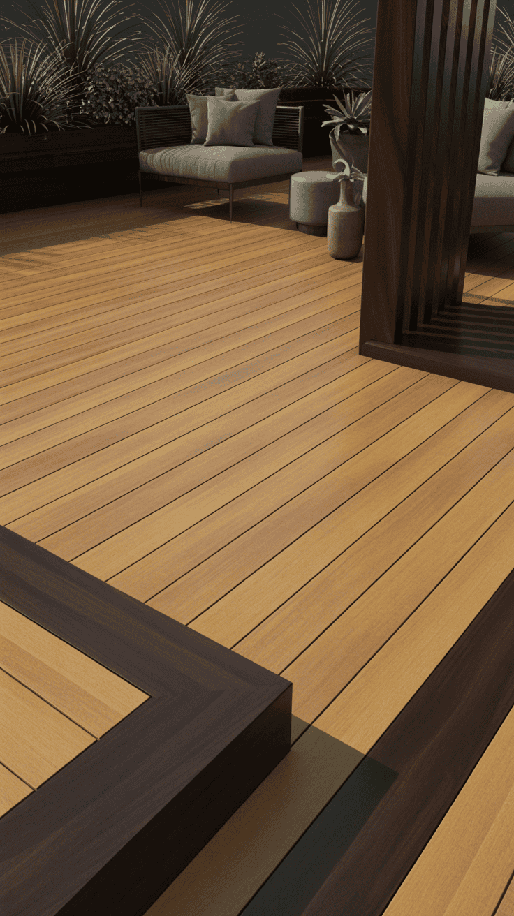 Light oak deck boards paired with dark walnut accents creating a sophisticated outdoor design