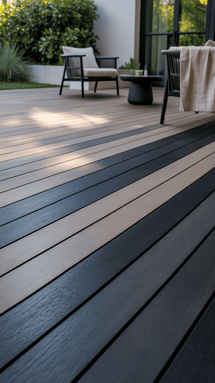 Greige and charcoal two tone deck stain colors creating a sophisticated contemporary outdoor space