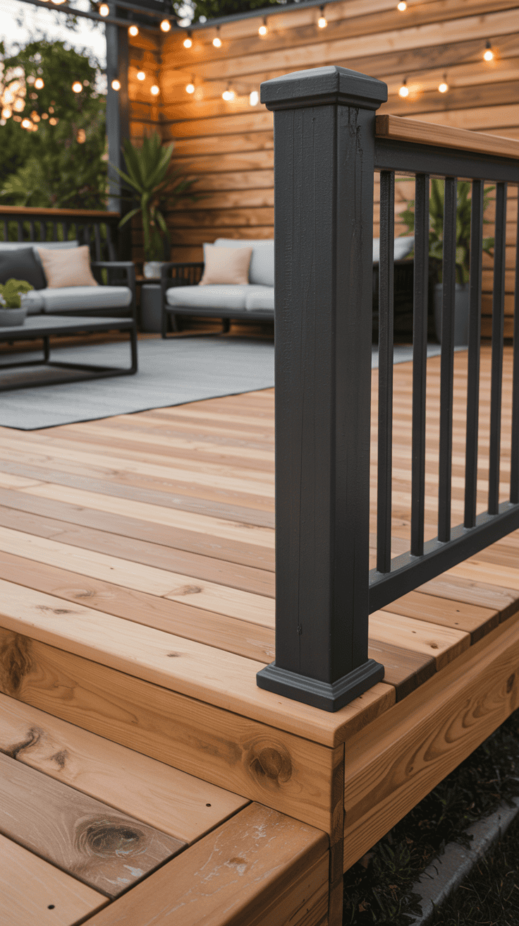 Natural cedar deck with black stained railings creating a modern outdoor living space