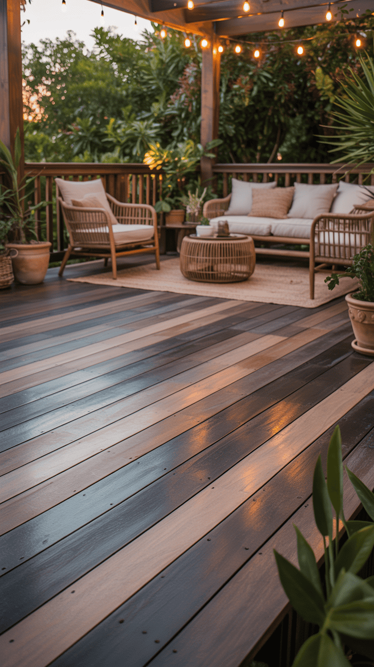 Soft taupe and espresso brown deck stain colors creating a warm elegant outdoor retreat