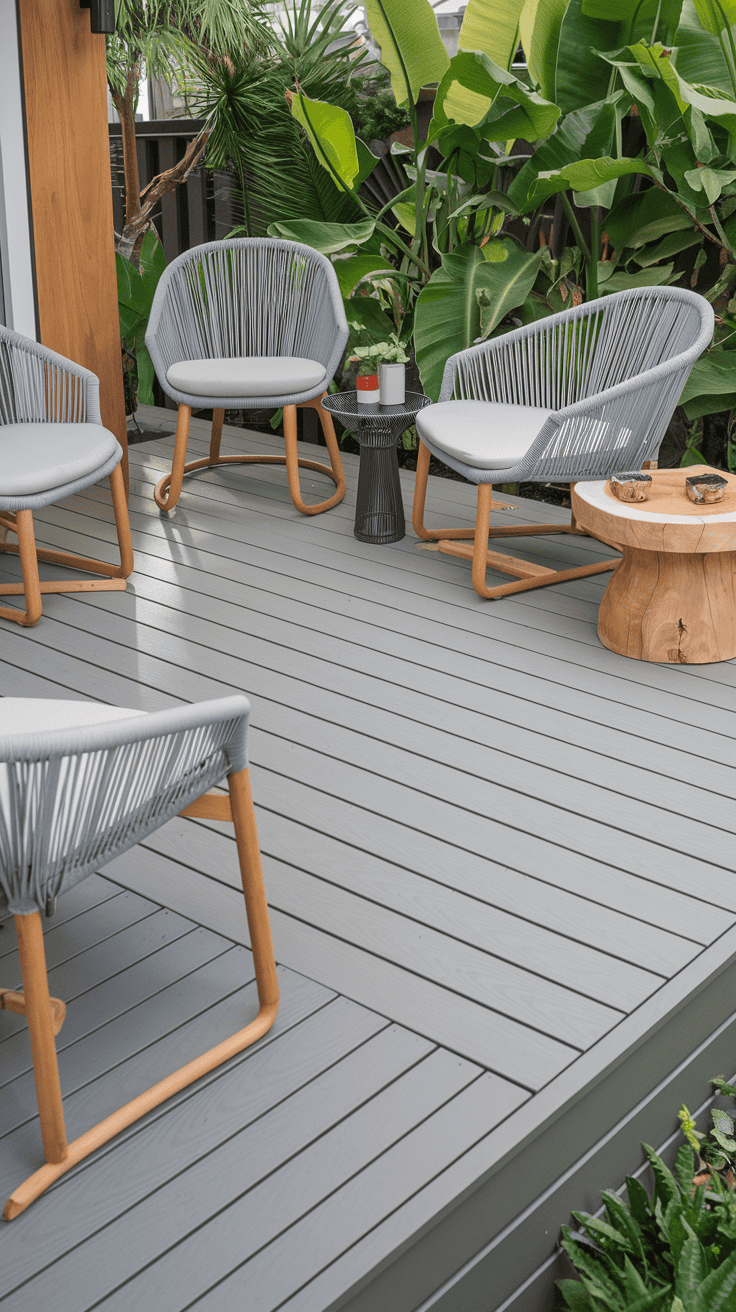 Silver gray deck stain paired with natural wood accents creating a fresh designer look