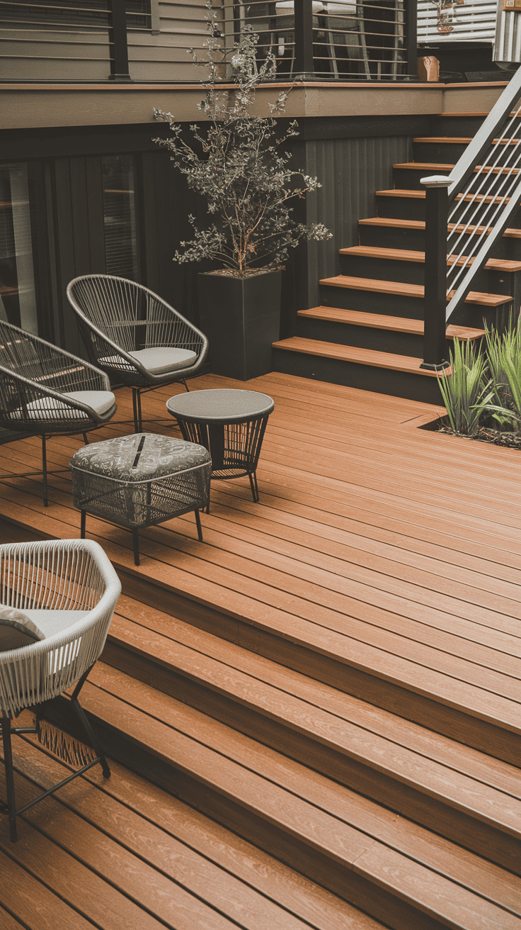 Warm honey oak deck with deep charcoal accents creating a sophisticated two tone stain design