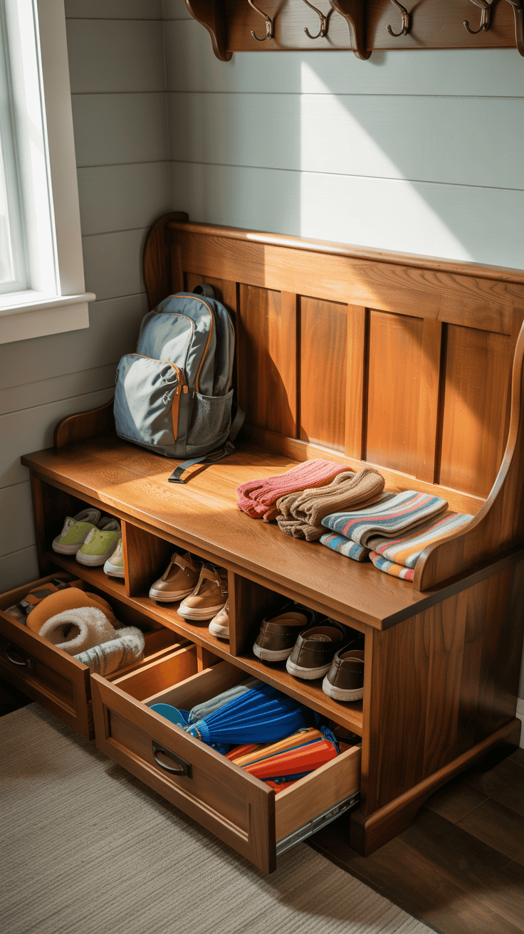 Family mudroom storage bench with hidden compartments for shoes, bags, and seasonal accessories.