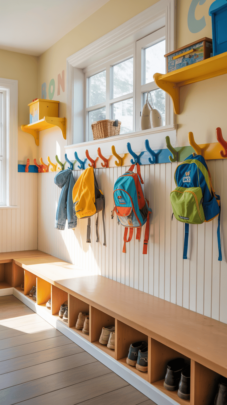 Kid-friendly mudroom with lower wall hooks allowing children to hang coats and backpacks independently.