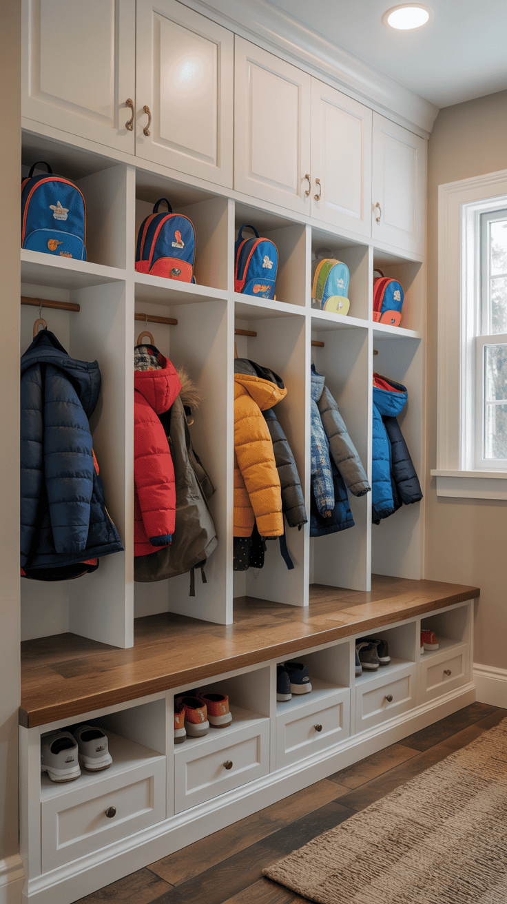 Built-in mudroom cubbies with organized backpacks, shoes, coats, and family storage compartments.