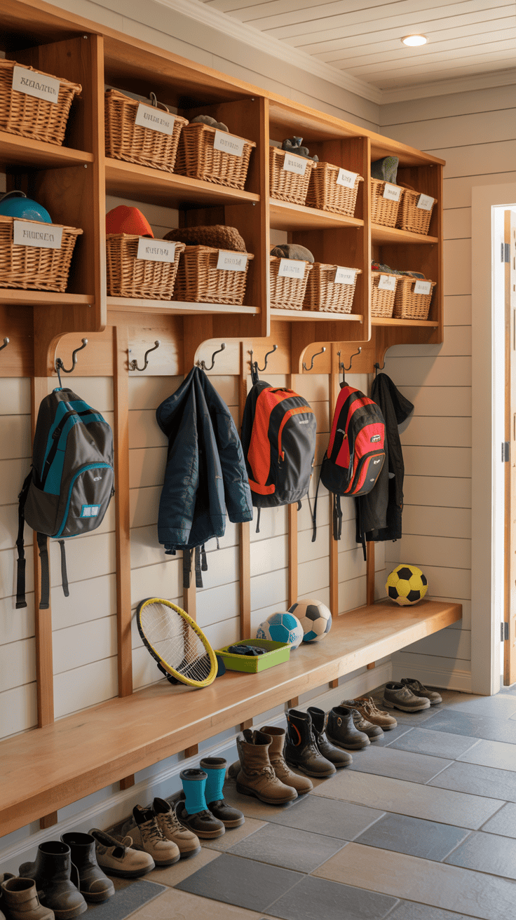 Family mudroom with vertical wall storage including shelves, hooks, baskets, and organized family gear.