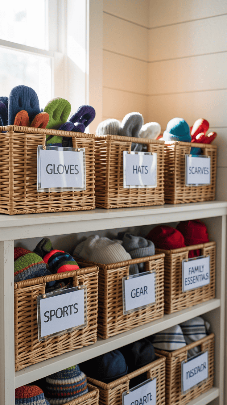Mudroom storage baskets labeled for gloves, hats, scarves, sports gear, and family essentials.