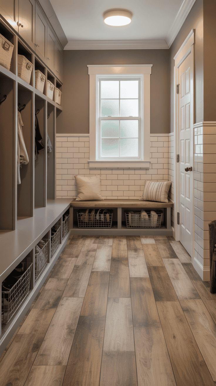 Family mudroom featuring durable flooring, washable surfaces, and easy-to-clean storage solutions.