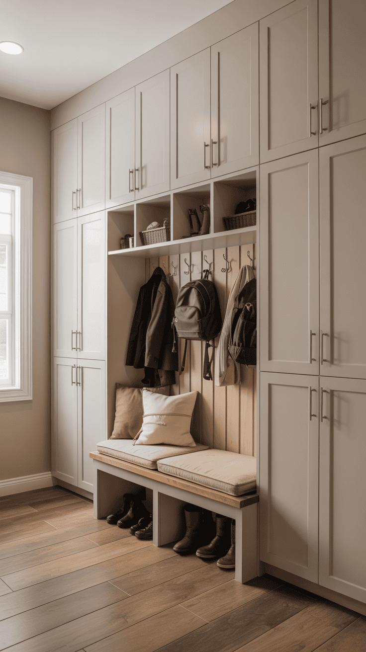 Family mudroom with closed storage cabinets hiding coats, shoes, bags, and everyday clutter.