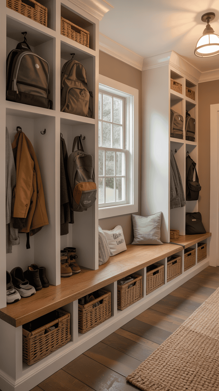 Family mudroom with individual storage zones for coats, shoes, backpacks, and everyday essentials.