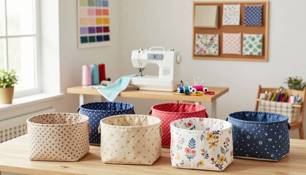 Bright sewing workspace with colorful fabric baskets, organizers, sewing tools, and a sewing machine