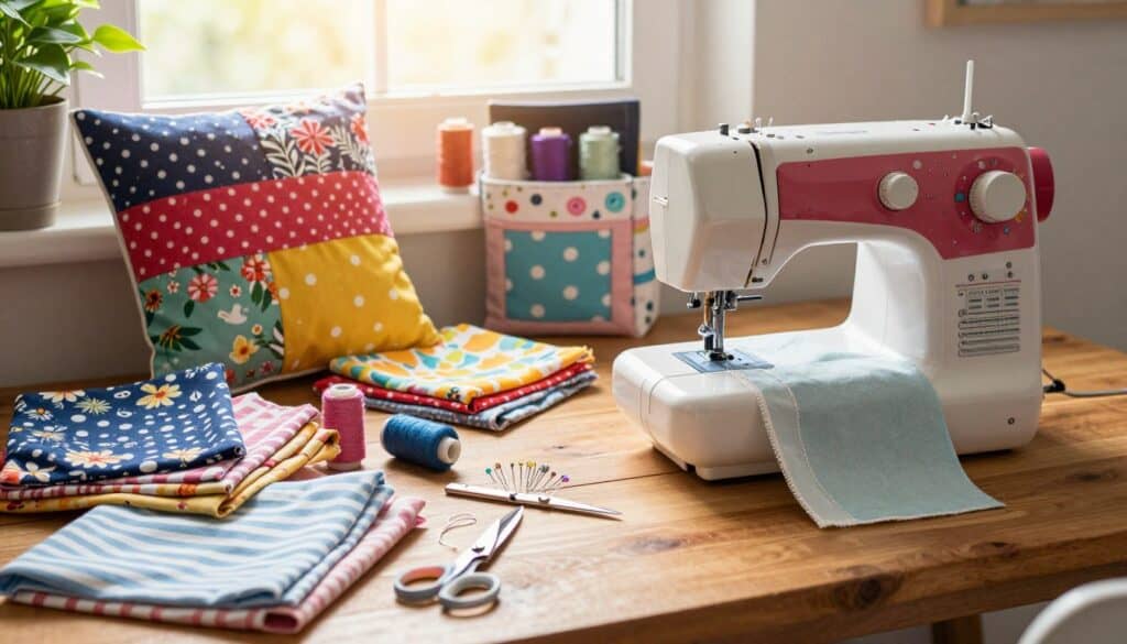 Cozy beginner sewing workspace with colorful fabric, a sewing machine, cushion cover, and sewing tools
