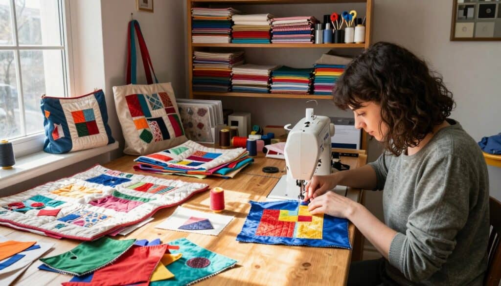 Organised sewing room with colourful fabric scraps, patchwork projects, sewing tools, and a sewing machine