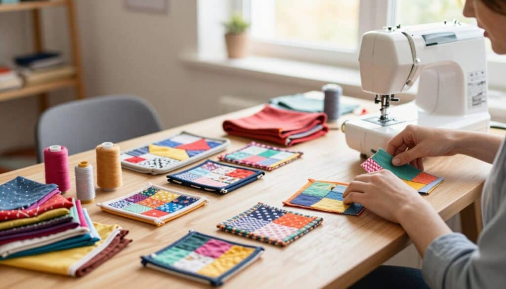 Colourful fabric scraps arranged beside beginner sewing projects, thread, cutting tools, and a sewing machine