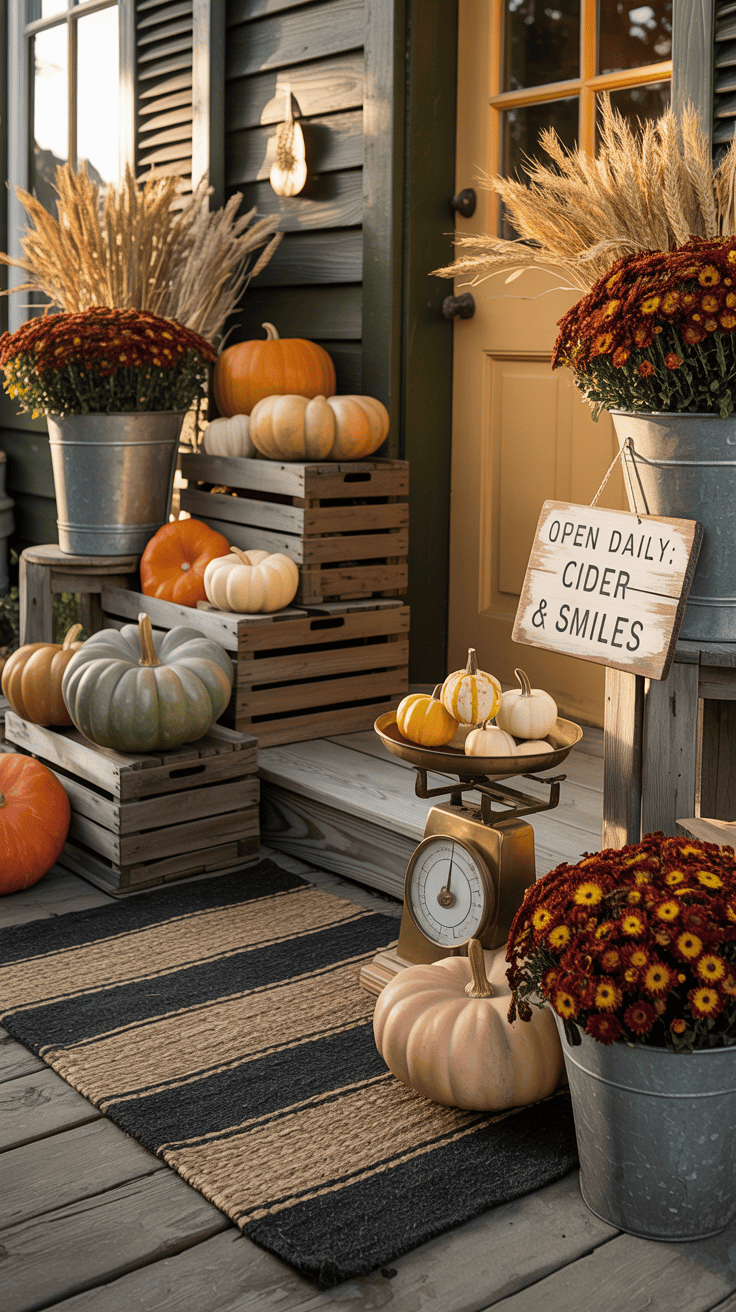 Wide, straight-on shot of a front porch styled as a harvest market: stacked weathered wooden crates at varying heights holding heirloom pumpkins in sage green, pale peach, and classic orange; a jute or coir doormat layered over a black-and-cream striped rug; two galvanized buckets filled with dried wheat and deep burgundy mums; a hand-painted rustic sign reading “Open Daily: Cider & Smiles” leaning beside the door; color palette of burnt orange, wheat gold, olive green, and soft cream; rough wood, galvanized metal, and natural fiber textures; include a vintage scale topped with mini gourds as a playful centerpiece near the threshold, in soft late-afternoon natural light, highly photorealistic, no people.