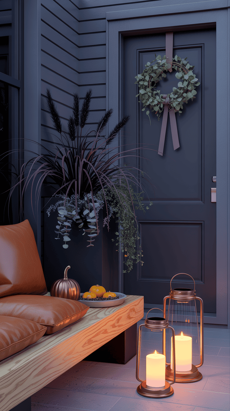 Medium shot from a slight corner angle of a moody modern porch: charcoal-painted door flanked by tall black planters filled with purple fountain grass, black mondo grass, and trailing ivy; a sleek cedar bench with thin profile topped with cognac leather cushions; a trio of copper lanterns with softly glowing battery candles; bronze-toned gourds and a shallow dish of clove-studded oranges on the bench; minimal wreath made of dried eucalyptus with a black ribbon on the door; color story of charcoal, black, copper, and cognac; smooth metal, soft leather, raw cedar textures; dusk lighting with warm lantern glow, photorealistic, no people.