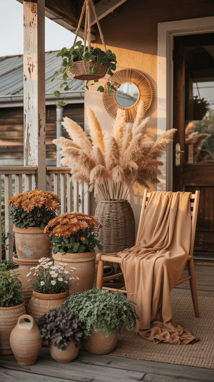 Medium shot from a low angle focusing on boho botanicals: clustered terracotta pots in varied sizes planted with rust chrysanthemums, trailing creeping Jenny, and dusky purple kale; a tall bundle of pampas grass in a woven floor vase as a soft backdrop; macramé hangers with trailing pothos hanging from the porch beam; a teak chair draped with a lightweight camel throw; a sunburst rattan mirror leaned near the door; color palette of terracotta, camel, rust, and deep plum; woven rope, clay, and fluffy pampas textures; warm late-afternoon natural light, photorealistic, no people.