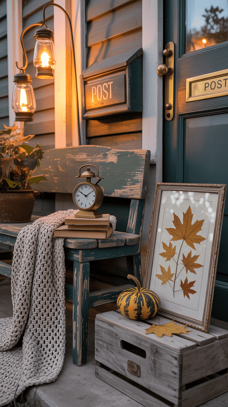 Intimate detail shot from a side angle capturing vintage porch stories: a chippy-painted bench with a crocheted throw draped over the arm; a small stack of old books topped with a petite brass clock and a speckled gourd; ginger jar lanterns hanging from shepherd’s hooks emitting an amber glow; a weathered “Post” box and enamel house numbers on the wall; a vintage mail slot visible on the door; a pressed-leaf frame propped on a crate with maple leaves inside; color palette of faded teal, amber, sepia, and cream; chippy paint, aged brass, and crochet textures; twilight ambiance, photorealistic, no people.