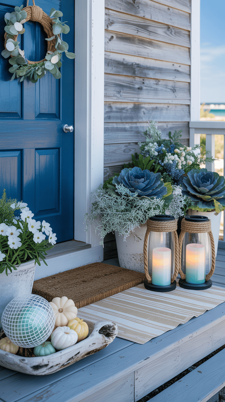 Wide coastal autumn porch scene, slightly angled: deep indigo painted door; a seagrass mat layered over a pale striped runner; whitewashed planters filled with blue-hued ornamental cabbage, dusty miller, and white pansies; a driftwood trough cradling soft blue and white gourds; rope-handled lanterns with sea-glass tinted candles; a netted glass float and a shell-and-eucalyptus wreath tied with natural jute on the door; palette of indigo, seafoam, dune beige, and crisp white; seagrass, driftwood, and frosted glass textures; bright, breezy coastal daylight, photorealistic, no people.