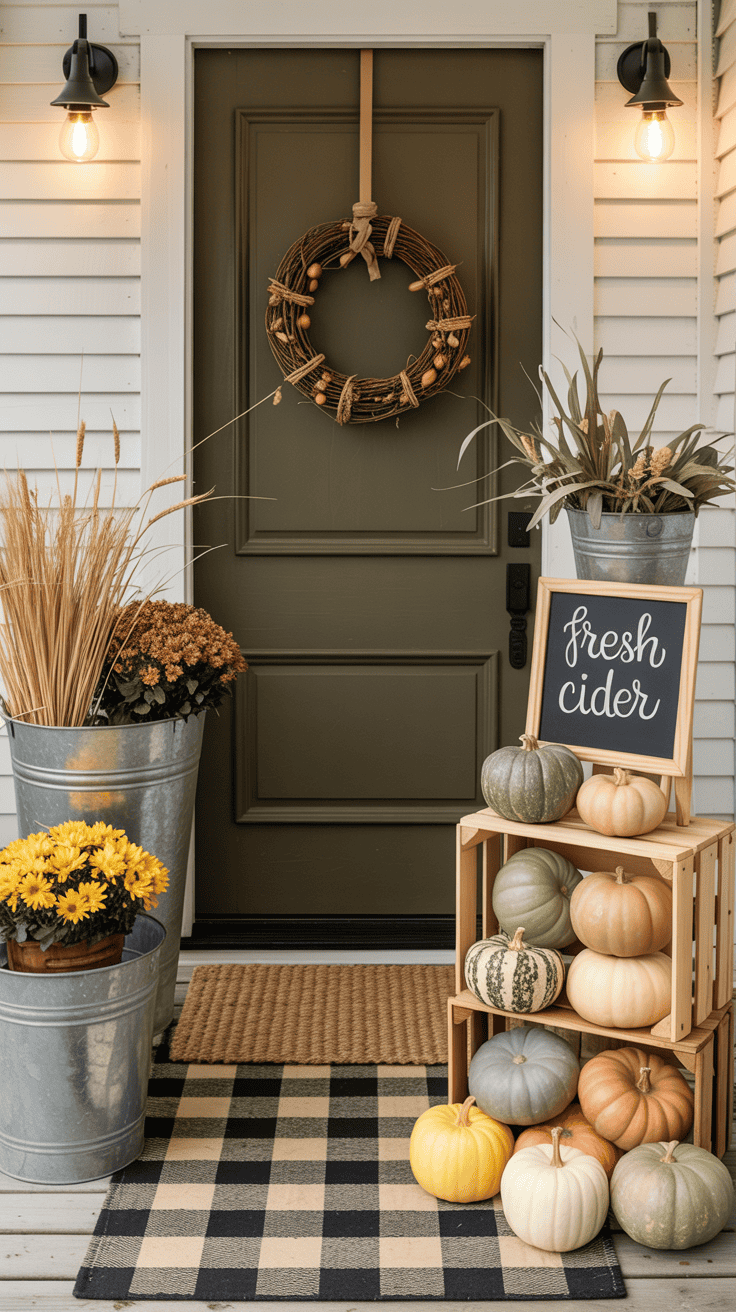 Photorealistic wide, straight-on shot of a front porch styled as “Harvest Market Chic”: deep olive front door with a twig wreath wrapped in twine and tiny acorns; natural jute doormat layered over a black-and-ivory buffalo check rug; galvanized metal buckets flanking the door, filled with golden mums and tall dried wheat; wooden apple crates stacking heirloom pumpkins in soft greens, creams, and muted orange; a small chalkboard sign on an easel reading “Fresh Cider” in handwritten script; simple black coach lights with warm bulbs casting a cozy evening glow; textures emphasized: jute, buffalo check, dried grasses, galvanized metal.