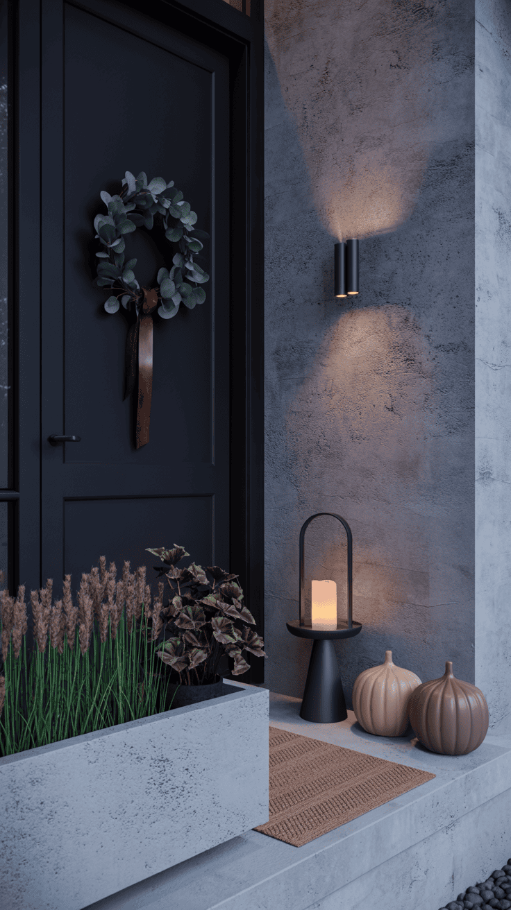 Photorealistic medium, corner-angle shot capturing a “Moody Modern Minimalist” porch: charcoal black door (or ink blue) with a slim wreath of dark eucalyptus tied with a leather ribbon; tight palette of black, ivory, and copper; a linear concrete planter with upright grasses and deep burgundy coleus; curated trio of matte ceramic gourds in neutral tones on the stoop; geometric coir mat; a single sculptural metal lantern with a flameless candle; minimalist wall sconce providing subtle, focused light; textures highlighted: concrete, matte ceramic, leather, metal.