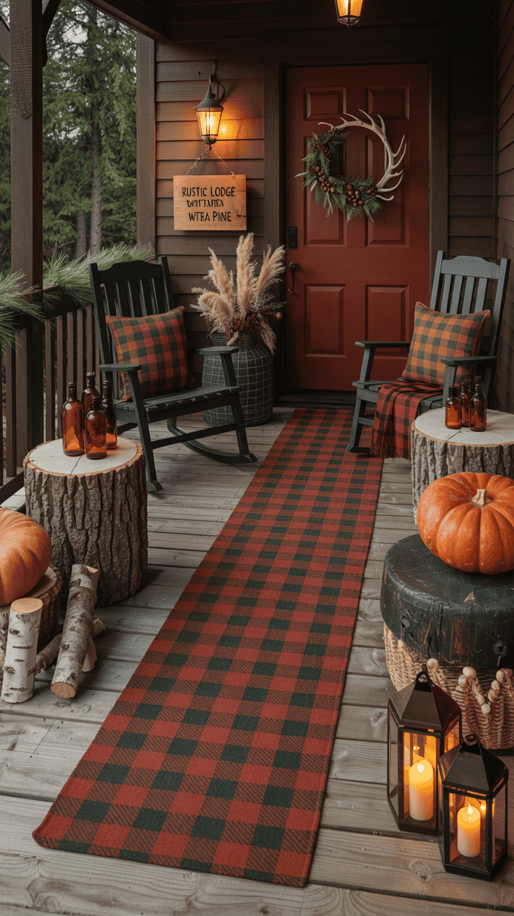 Photorealistic wide, angled porch view for “Rustic Lodge With Plaid and Pine”: barn-red door with a metal antler wreath mixed with pinecones; long plaid outdoor runner spanning the porch; pair of black rocking chairs with buffalo plaid pillows; rough-hewn log stools as side tables; pine bough garlands draped along railings, birch logs in a wire basket; clusters of amber glass bottles holding dried grasses; chunky stacks of classic orange and dark green pumpkins; lantern trio with flickering LED candles providing warm evening light; textures of pine, birch, wool plaid, and weathered wood emphasized.