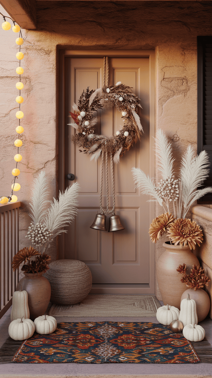 Photorealistic medium, straight-on scene for “Boho Desert Autumn”: neutral door in clay beige or sandstone; flatweave kilim rug layered under a simple natural-fiber mat; cluster of terra-cotta pots with pampas grass plumes, rust-toned chrysanthemums, and sculptural succulents; white ghost pumpkins and long-stem gourds arranged for height; feather-and-dried-floral wreath with rope detailing on the door; bronze bells hanging from a jute rope; a low woven pouf and a beaded garland draped over the railing; soft golden cafe string lights glowing at dusk; textures: kilim, pampas, raw clay, woven fibers.