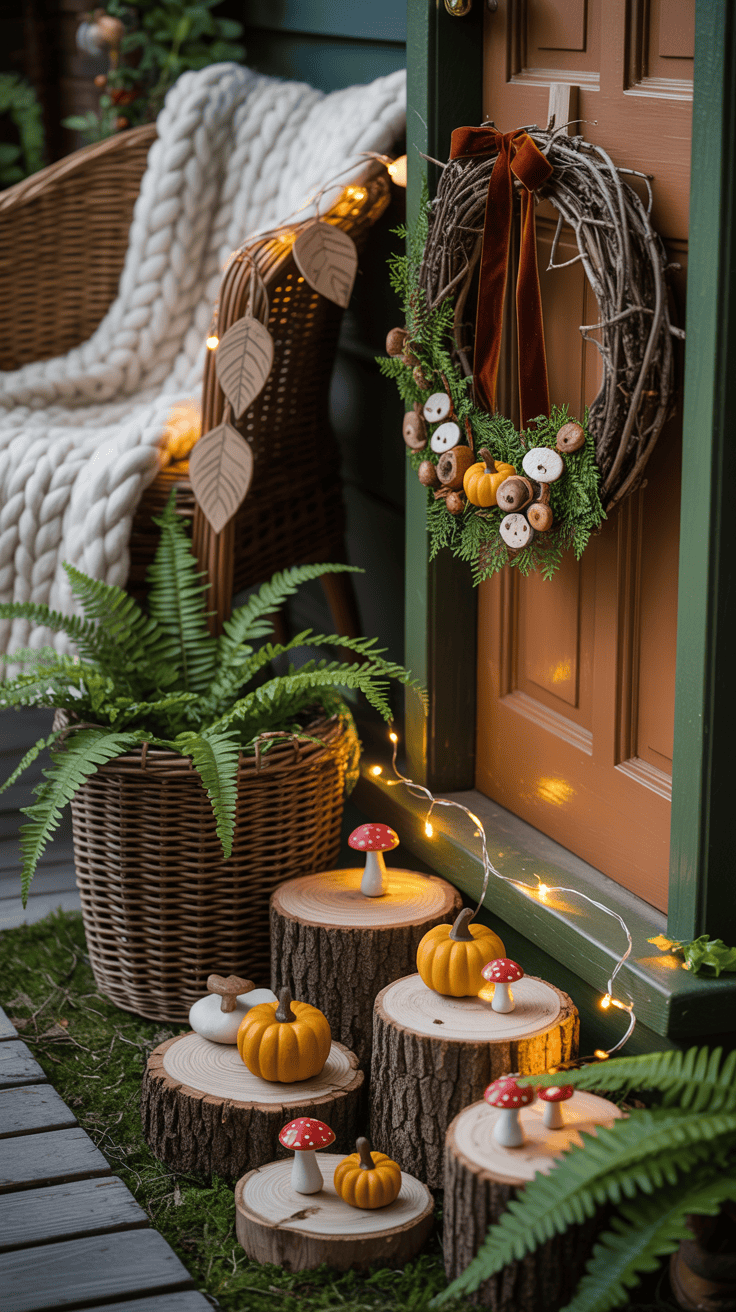 Photorealistic whimsical closeup/overhead hybrid for “Whimsical Woodland Storybook”: moss-green door edge in frame; log slices lining steps as pedestals for mini pumpkins and small mushroom ornaments; foraged-branch wreath with tiny felt mushrooms and velvet ribbon; ferns in oversized baskets with tucked fairy garden houses; twine garland with wooden leaves draped across railing softly blurred; wicker chair with a chunky cable-knit throw on the side; discreet solar fairy lights and tiny mushroom path lights creating a twinkling dusk ambience; textures of bark, cable knit, and velvet accents highlighted; colors of moss, caramel, pumpkin, and walnut.