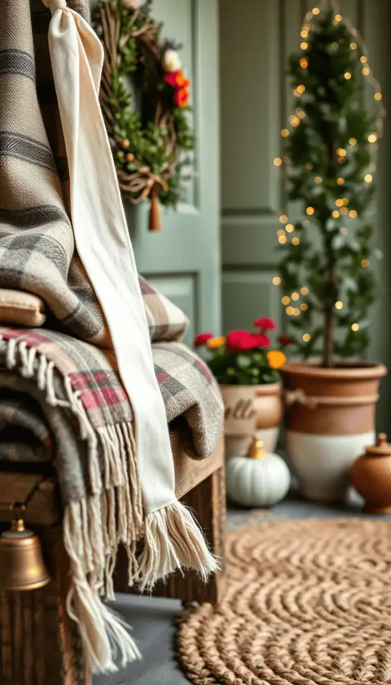 Photorealistic closeup detail shot of “Cottagecore Layered Cozy” textures on a vintage wood bench: layered blanket scarves and tartan throws, creamy velvet ribbon tail from a grapevine wreath softly entering frame; hand-thrown pottery planters nearby with marigolds, lavender, and trailing ivy; a braided oval rug peeking beneath a “Hello Pumpkin” coir mat; petite copper bell hung beside a sage-green door blurred in the background; warm fairy lights woven through a topiary adding golden bokeh; color accents of sage, buttercream, cranberry, and soft brown; focus on woven braids, velvet, pottery surfaces.