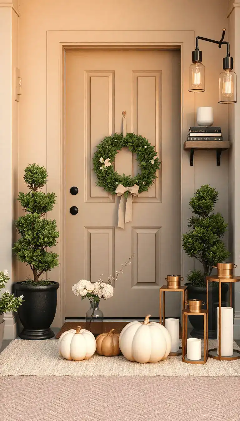 Photorealistic detail/medium vignette for “Sophisticated Neutrals With Gilded Accents”: warm greige door framed by boxwood topiaries in black urns; cream-and-taupe herringbone outdoor rug underfoot; tight pumpkin palette of white, pale blush, and champagne-gold arranged beside brass lanterns in staggered heights; slim wreath with a linen bow and tiny gilded leaves on the door; sleek wall shelf holding stacked coffee table books, a ceramic bowl of acorns, and a low white hydrangea and seeded eucalyptus arrangement; clear glass lanterns with warm Edison bulbs casting refined evening light; textures: linen, brushed brass, boxwood foliage.