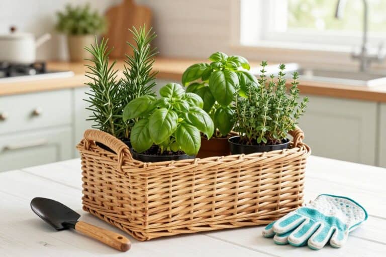 A curated herb garden gift basket filled with potted culinary herbs and gardening tools