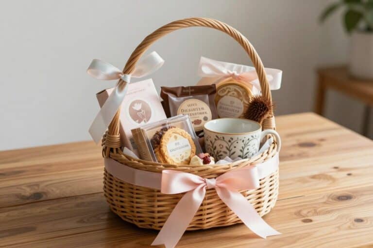 Handcrafted gift baskets for Mom decorated with silk ribbon