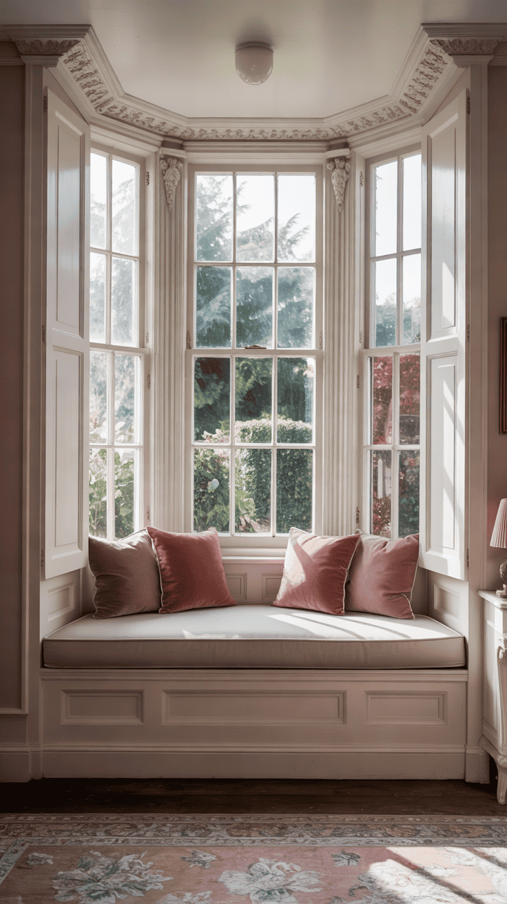 Elegant Victorian bay window with a built-in cream upholstered window seat, dusty rose velvet cushions, decorative white timber panelling, tall sash windows, and soft natural light.