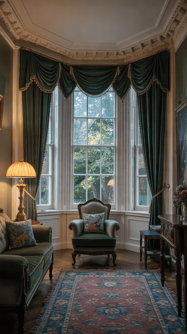 Grand Victorian living room bay window framed with deep emerald green velvet curtains, antique brass curtain pole, cream decorative cornicing, tall sash windows, and polished dark wood furniture.
