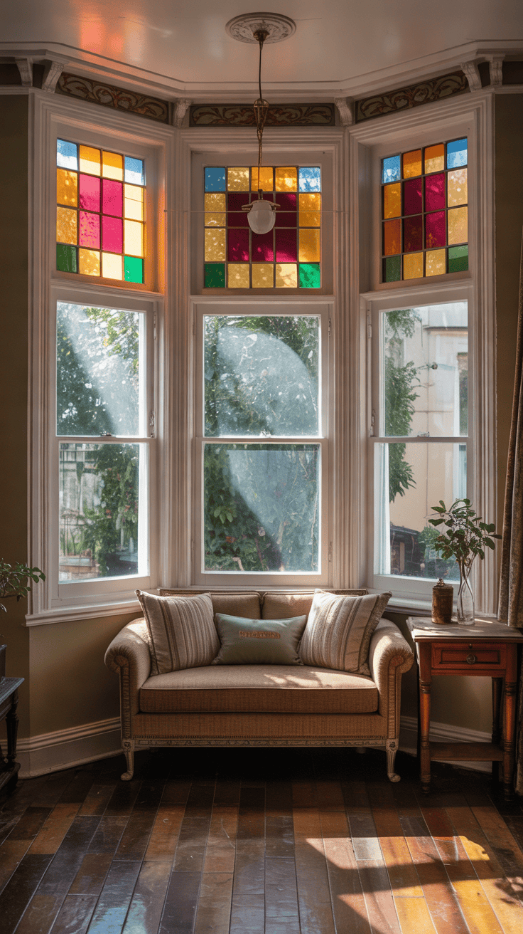 Traditional Victorian bay window with decorative stained glass upper panes in amber, ruby red, and muted green, painted ivory timber frames, ornate window mouldings, and warm sunlight illuminating a period living room.