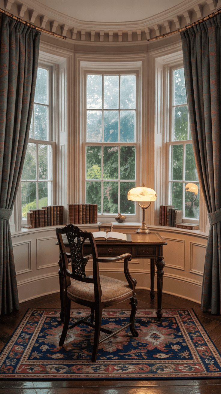 Beautiful Victorian bay window alcove with an antique walnut writing desk, carved wooden chair, brass table lamp, vintage books, cream sash windows, decorative ceiling cornicing, and warm natural daylight.