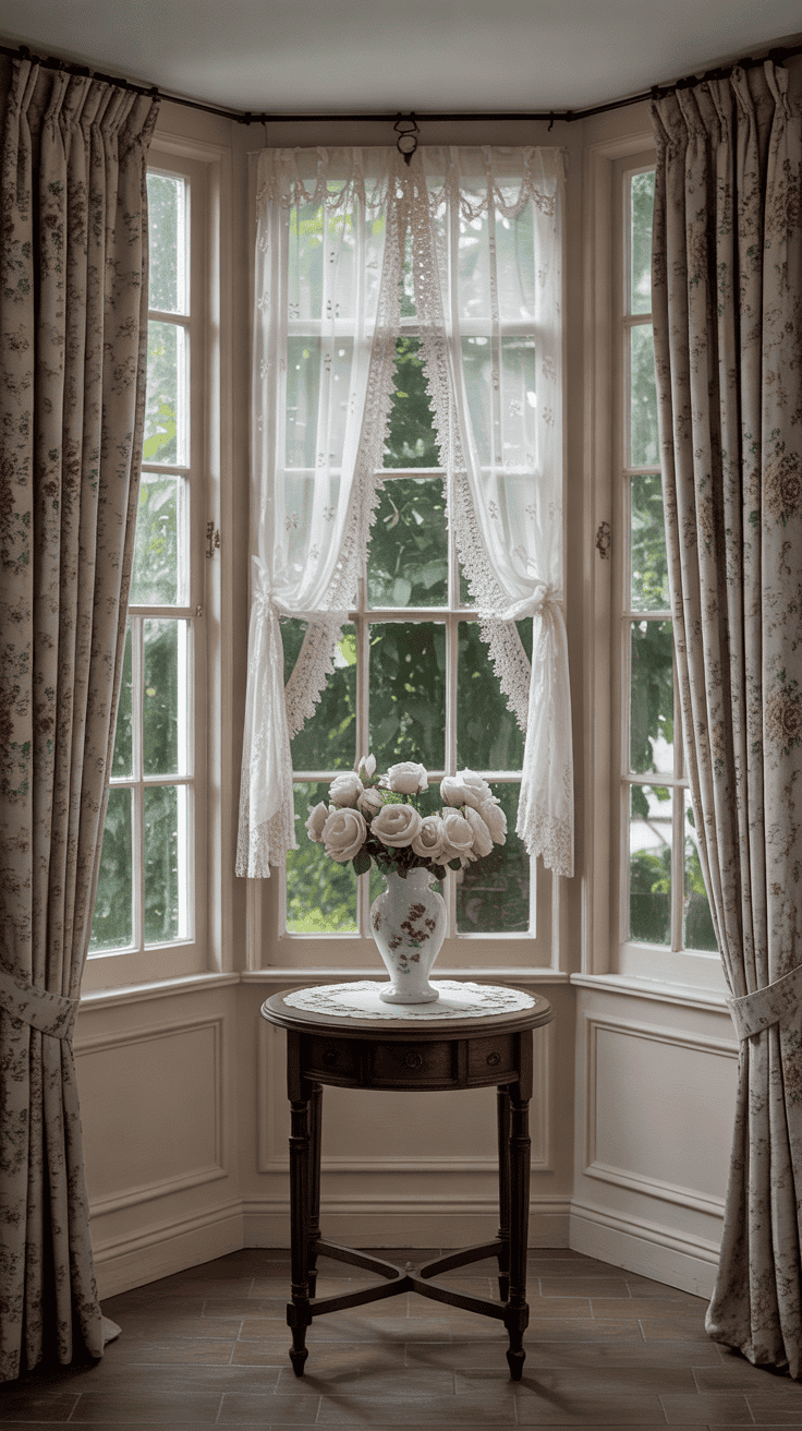 Romantic Victorian cottage bay window with delicate ivory lace curtains, painted cream sash window frames, pale floral wallpaper, antique wooden side table, porcelain vase of roses, and soft filtered daylight.