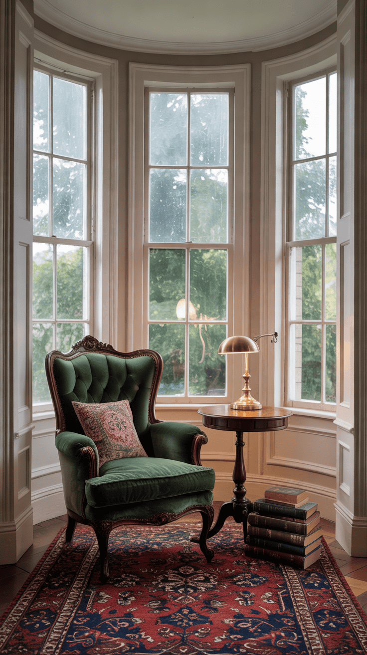 Cosy Victorian bay window reading nook with a forest green velvet armchair, antique walnut side table, brass reading lamp, patterned Persian rug, tall cream sash windows, and a small stack of vintage books.