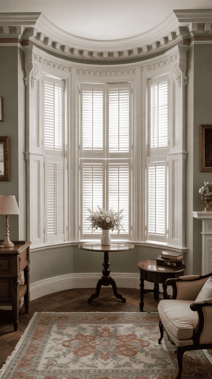 Elegant Victorian bay window with traditional ivory wooden plantation shutters, decorative white window mouldings, pale sage green walls, antique oak furniture, and soft natural daylight.