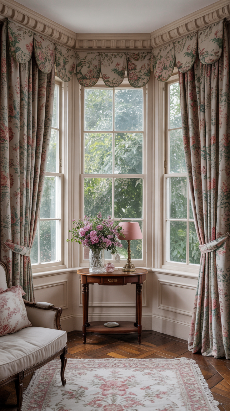 Romantic Victorian bay window framed by vintage botanical floral wallpaper in dusty rose and sage green, cream-painted sash windows, antique walnut side table, ivory curtains, and decorative plaster cornicing.