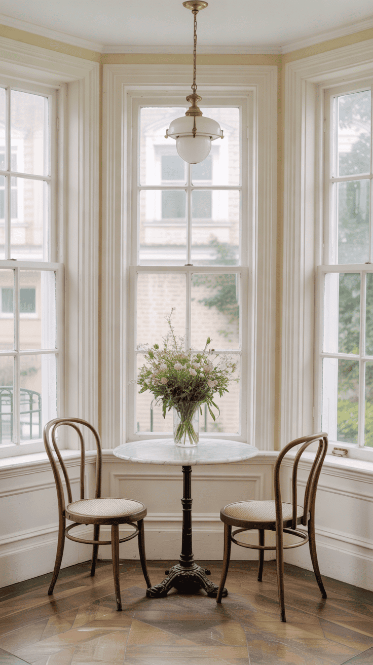 Charming Victorian bay window breakfast nook with a small round marble-topped bistro table, two antique bentwood chairs, tall white sash windows, pale cream walls, brass pendant light, and a vase of fresh garden flowers.