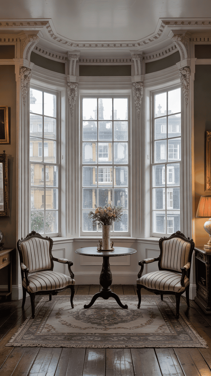 Grand Victorian bay window with ornate white timber window mouldings, decorative plaster cornicing, tall sash windows, muted sage green walls, carved wooden detailing, and elegant antique furnishings.