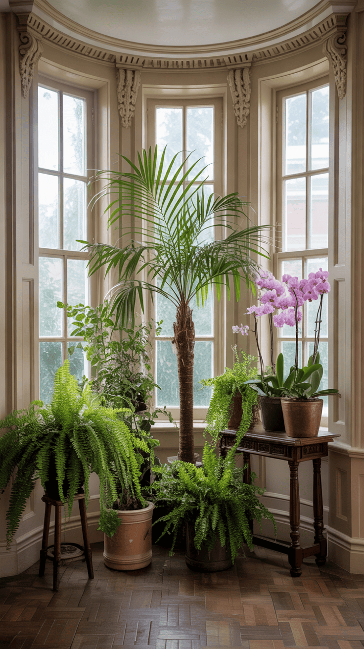 Beautiful Victorian bay window filled with elegant indoor plants including a tall parlour palm, lush ferns, and flowering orchids displayed on antique wooden plant stands beside cream sash windows and decorative period mouldings.