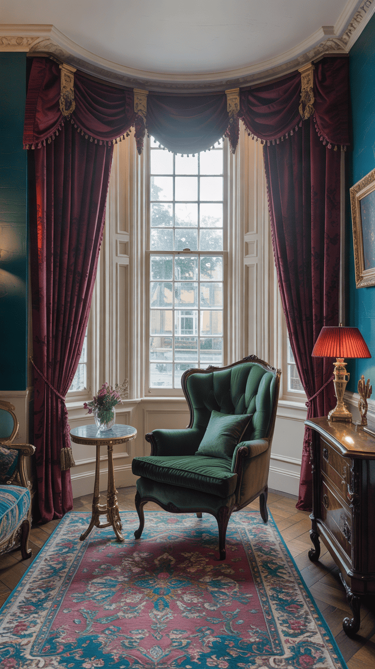 Luxurious Victorian living room bay window with deep peacock blue walls, rich burgundy velvet curtains, antique gold curtain hardware, ornate cream sash windows, emerald green velvet armchair, and dark walnut furniture.