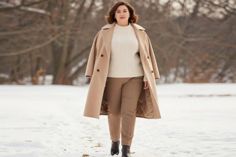 Winter outfits for apple-shaped women styled with layered coats and comfortable knitwear