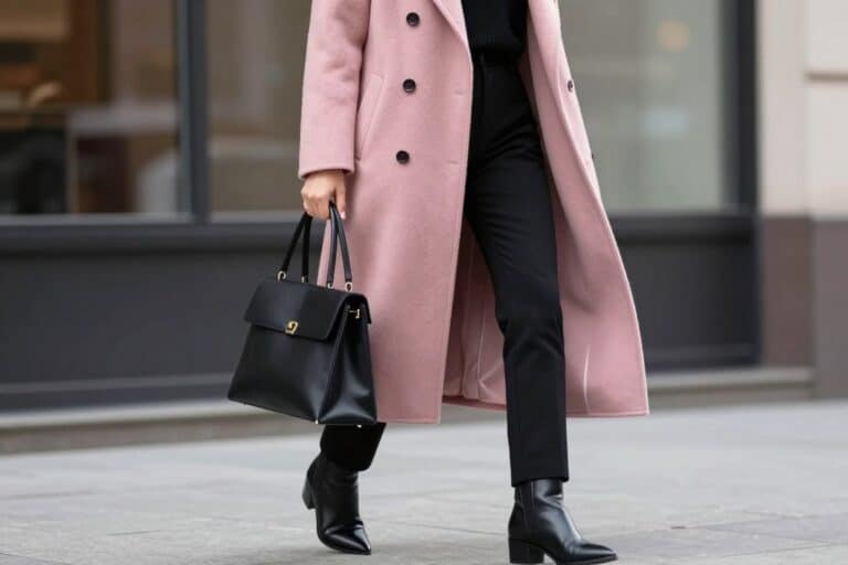 Woman in dusty pink wool coat and black trousers in winter city